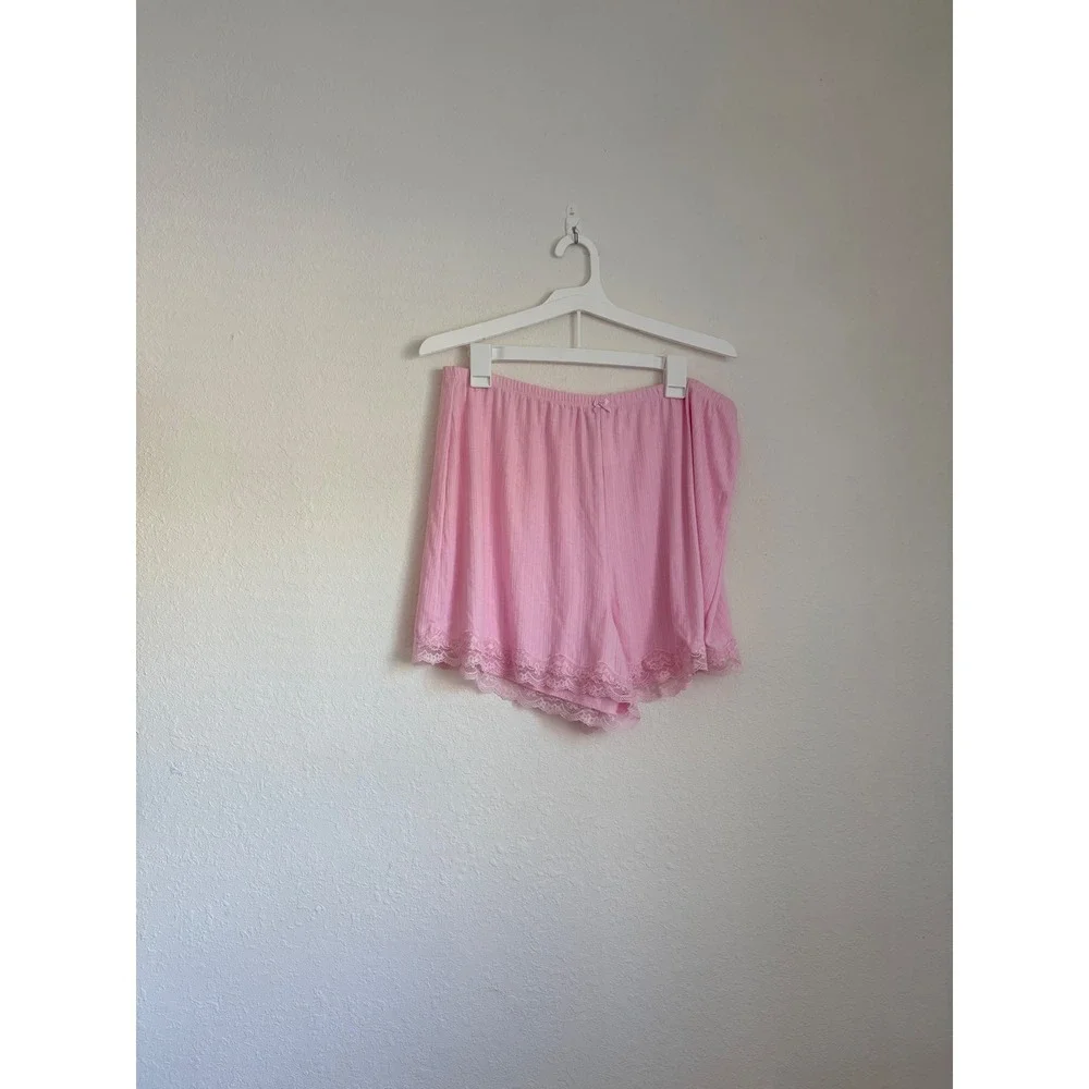 Auden Pink Ribbed Pajama Set Long Sleeve Top Lace Trim Shorts‎ XXL new